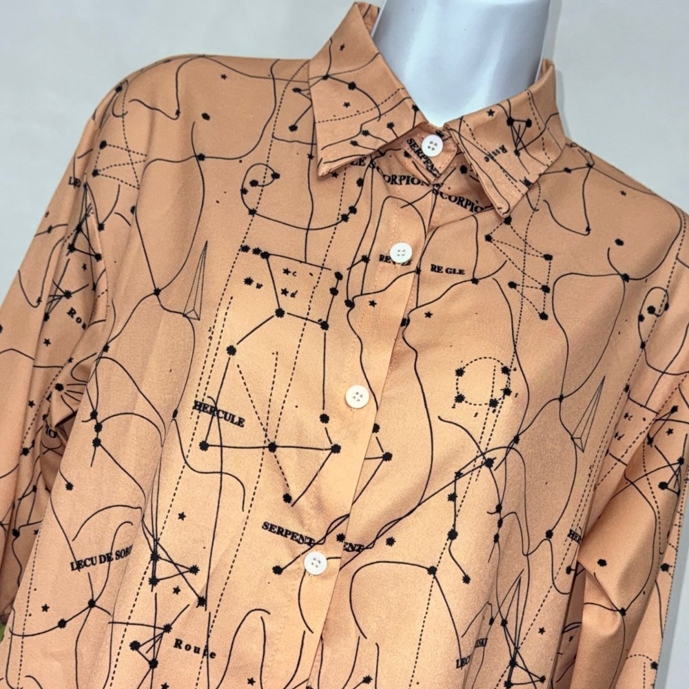 Chanel Celestial Zodiac Moon Print Cotton Button Down Shirt Peach Long Sleeve